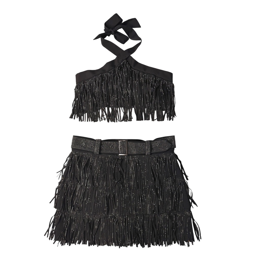Nylon‎ Apparel Black Rhinestone Fringe Halter Crop Top Mini Skirt Set Large